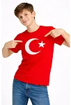 Erkek Çocuk Tişört Bisiklet Yaka Ay Yıldız Bayrak Baskılı T-shirt - Kırmızı