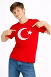 Erkek Çocuk Tişört Bisiklet Yaka Ay Yıldız Bayrak Baskılı T-shirt - Kırmızı