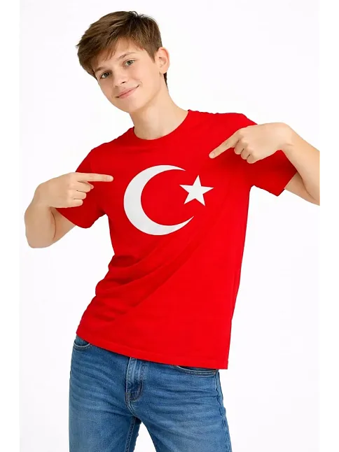 Erkek Çocuk Tişört Bisiklet Yaka Ay Yıldız Bayrak Baskılı T-shirt - Kırmızı