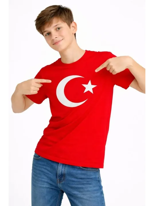 Erkek Çocuk Tişört Bisiklet Yaka Ay Yıldız Bayrak Baskılı T-shirt - Kırmızı