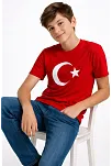 Erkek Çocuk Tişört Bisiklet Yaka Ay Yıldız Bayrak Baskılı T-shirt - Kırmızı