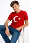 Erkek Çocuk Tişört Bisiklet Yaka Ay Yıldız Bayrak Baskılı T-shirt - Kırmızı