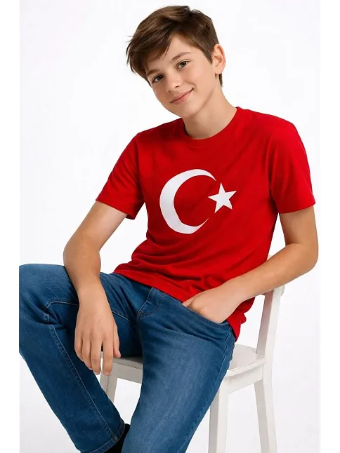 Erkek Çocuk Tişört Bisiklet Yaka Ay Yıldız Bayrak Baskılı T-shirt - Kırmızı