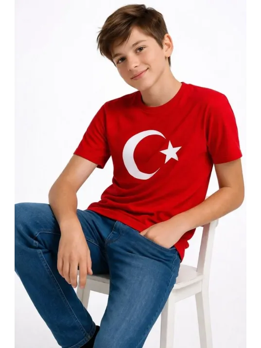 Erkek Çocuk Tişört Bisiklet Yaka Ay Yıldız Bayrak Baskılı T-shirt - Kırmızı
