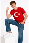 Erkek Çocuk Tişört Bisiklet Yaka Ay Yıldız Bayrak Baskılı T-shirt - Kırmızı
