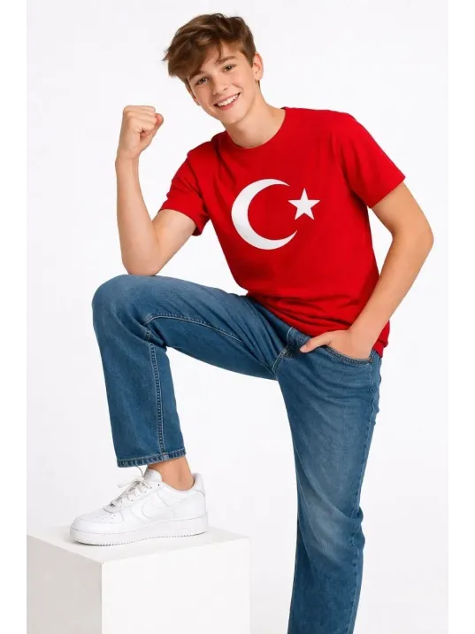 Erkek Çocuk Tişört Bisiklet Yaka Ay Yıldız Bayrak Baskılı T-shirt - Kırmızı