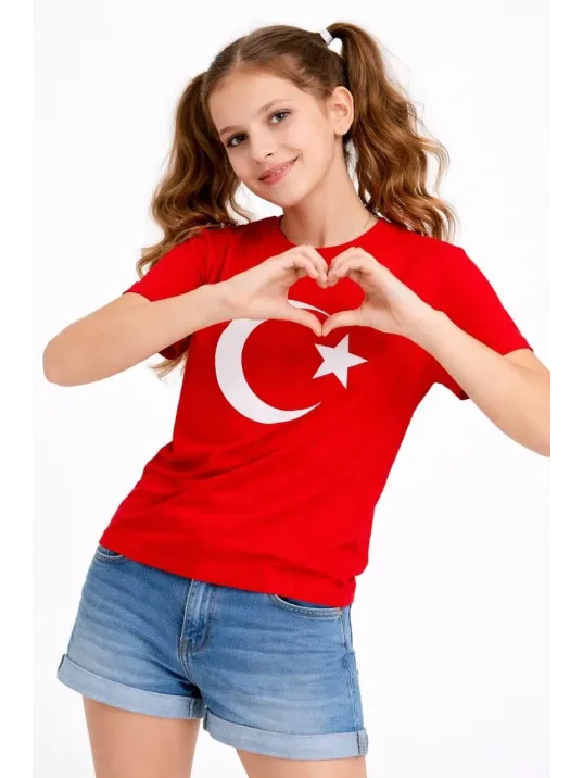 Kız Çocuk Tişört Bisiklet Yaka Ay Yıldız Bayrak Baskılı T-shirt - Kırmızı