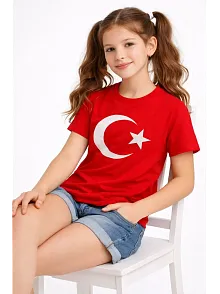 Kız Çocuk Tişört Bisiklet Yaka Ay Yıldız Bayrak Baskılı T-shirt - Kırmızı