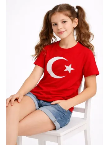 Kız Çocuk Tişört Bisiklet Yaka Ay Yıldız Bayrak Baskılı T-shirt - Kırmızı
