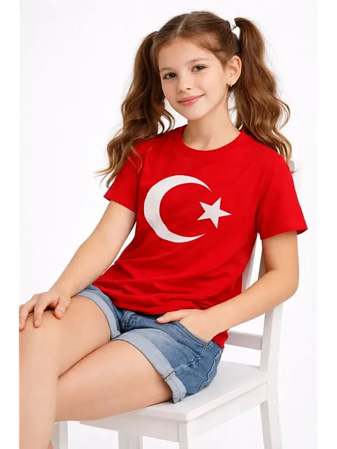 Kız Çocuk Tişört Bisiklet Yaka Ay Yıldız Bayrak Baskılı T-shirt - Kırmızı Kız Çocuk Tişört Bisiklet Yaka Ay Yıldız Bayrak Baskılı T-shirt - Kırmızı