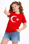 Kız Çocuk Tişört Bisiklet Yaka Ay Yıldız Bayrak Baskılı T-shirt - Kırmızı