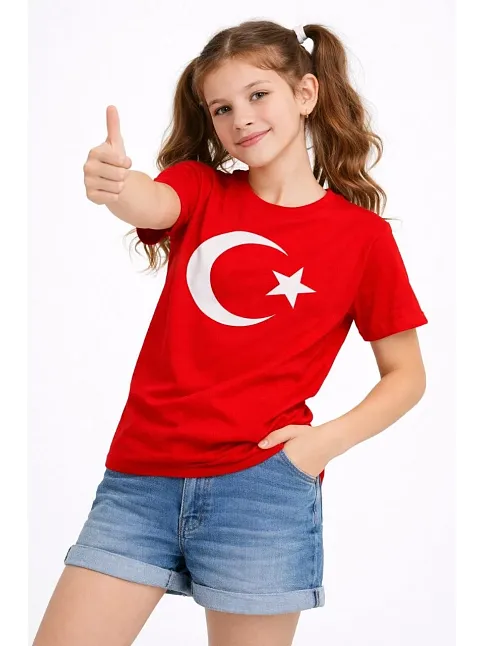 Kız Çocuk Tişört Bisiklet Yaka Ay Yıldız Bayrak Baskılı T-shirt - Kırmızı Kız Çocuk Tişört Bisiklet Yaka Ay Yıldız Bayrak Baskılı T-shirt - Kırmızı