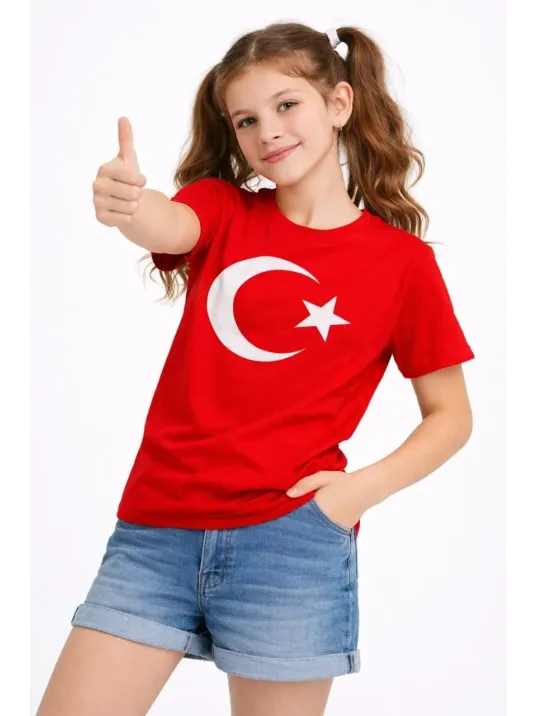 Kız Çocuk Tişört Bisiklet Yaka Ay Yıldız Bayrak Baskılı T-shirt - Kırmızı