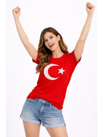 Kadın T-shirt Kısa Kol Bisiklet Yaka Ay Yıldız Bayrak Baskılı Tişört - Kırmızı