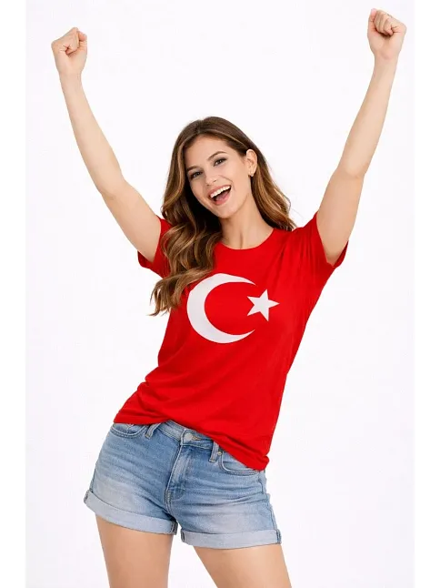 Kadın T-shirt Kısa Kol Bisiklet Yaka Ay Yıldız Bayrak Baskılı Tişört - Kırmızı Kadın T-shirt Kısa Kol Bisiklet Yaka Ay Yıldız Bayrak Baskılı Tişört - Kırmızı