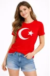 Kadın T-shirt Kısa Kol Bisiklet Yaka Ay Yıldız Bayrak Baskılı Tişört - Kırmızı Kadın T-shirt Kısa Kol Bisiklet Yaka Ay Yıldız Bayrak Baskılı Tişört - Kırmızı