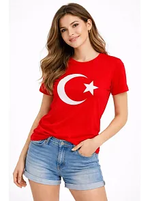 Kadın T-shirt Kısa Kol Bisiklet Yaka Ay Yıldız Bayrak Baskılı Tişört - Kırmızı