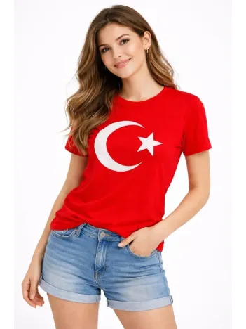 Kadın T-shirt Kısa Kol Bisiklet Yaka Ay Yıldız Bayrak Baskılı Tişört - Kırmızı
