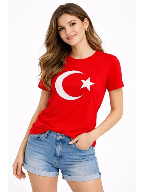 Kadın T-shirt Kısa Kol Bisiklet Yaka Ay Yıldız Bayrak Baskılı Tişört - Kırmızı Kadın T-shirt Kısa Kol Bisiklet Yaka Ay Yıldız Bayrak Baskılı Tişört - Kırmızı