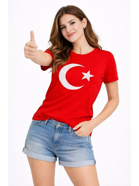 Kadın T-shirt Kısa Kol Bisiklet Yaka Ay Yıldız Bayrak Baskılı Tişört - Kırmızı Kadın T-shirt Kısa Kol Bisiklet Yaka Ay Yıldız Bayrak Baskılı Tişört - Kırmızı
