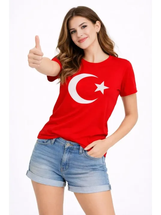 Kadın T-shirt Kısa Kol Bisiklet Yaka Ay Yıldız Bayrak Baskılı Tişört - Kırmızı Kadın T-shirt Kısa Kol Bisiklet Yaka Ay Yıldız Bayrak Baskılı Tişört - Kırmızı