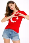 Kadın T-shirt Kısa Kol Bisiklet Yaka Ay Yıldız Bayrak Baskılı Tişört - Kırmızı Kadın T-shirt Kısa Kol Bisiklet Yaka Ay Yıldız Bayrak Baskılı Tişört - Kırmızı