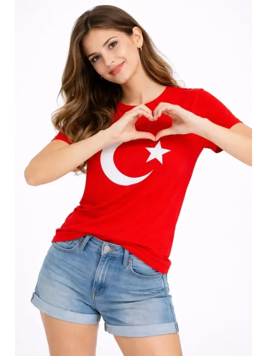Kadın T-shirt Kısa Kol Bisiklet Yaka Ay Yıldız Bayrak Baskılı Tişört - Kırmızı Kadın T-shirt Kısa Kol Bisiklet Yaka Ay Yıldız Bayrak Baskılı Tişört - Kırmızı