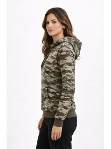 Kadın Kamuflaj Desenli 2 İplik 4 Mevsim Kapüşonlu Kanguru Cepli Hoodie Sweatshirt - Kamuflaj