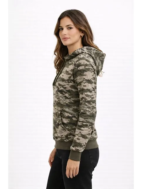 Kadın Kamuflaj Desenli 2 İplik 4 Mevsim Kapüşonlu Kanguru Cepli Hoodie Sweatshirt - Kamuflaj