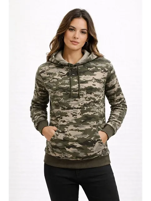 Kadın Kamuflaj Desenli 2 İplik 4 Mevsim Kapüşonlu Kanguru Cepli Hoodie Sweatshirt - Kamuflaj