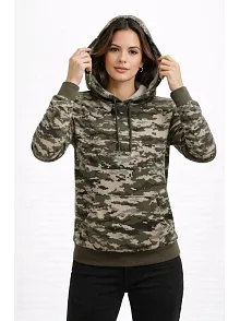 Kadın Kamuflaj Desenli 2 İplik 4 Mevsim Kapüşonlu Kanguru Cepli Hoodie Sweatshirt - Kamuflaj