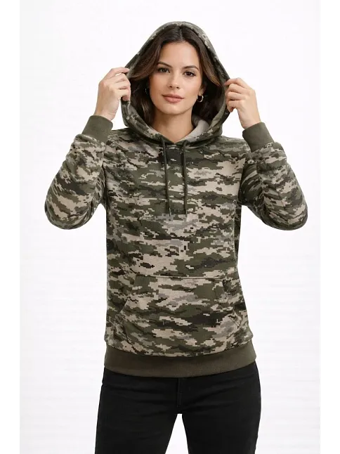 Kadın Kamuflaj Desenli 2 İplik 4 Mevsim Kapüşonlu Kanguru Cepli Hoodie Sweatshirt - Kamuflaj