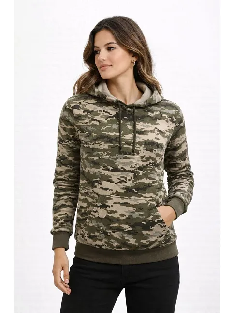 Kadın Kamuflaj Desenli 2 İplik 4 Mevsim Kapüşonlu Kanguru Cepli Hoodie Sweatshirt - Kamuflaj