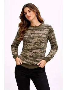 Kadın Kamuflaj Desenli 2 İplik 4 Mevsim Uzun Kollu Bisiklet Yaka Sweatshirt - Kamuflaj