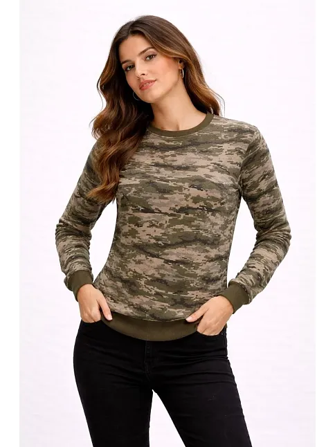 Kadın Kamuflaj Desenli 2 İplik 4 Mevsim Uzun Kollu Bisiklet Yaka Sweatshirt - Kamuflaj