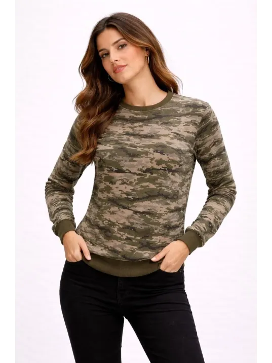 Kadın Kamuflaj Desenli 2 İplik 4 Mevsim Uzun Kollu Bisiklet Yaka Sweatshirt - Kamuflaj