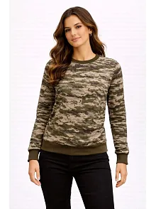 Kadın Kamuflaj Desenli 2 İplik 4 Mevsim Uzun Kollu Bisiklet Yaka Sweatshirt - Kamuflaj