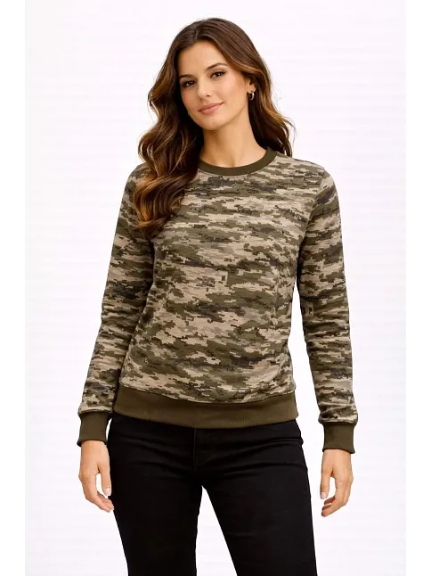 Kadın Kamuflaj Desenli 2 İplik 4 Mevsim Uzun Kollu Bisiklet Yaka Sweatshirt - Kamuflaj