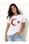 Kadın T-shirt Kısa Kol Bisiklet Yaka Ay Yıldız Bayrak Baskılı Tişört - Beyaz