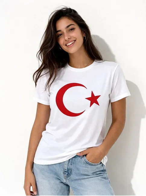 Kadın T-shirt Kısa Kol Bisiklet Yaka Ay Yıldız Bayrak Baskılı Tişört - Beyaz