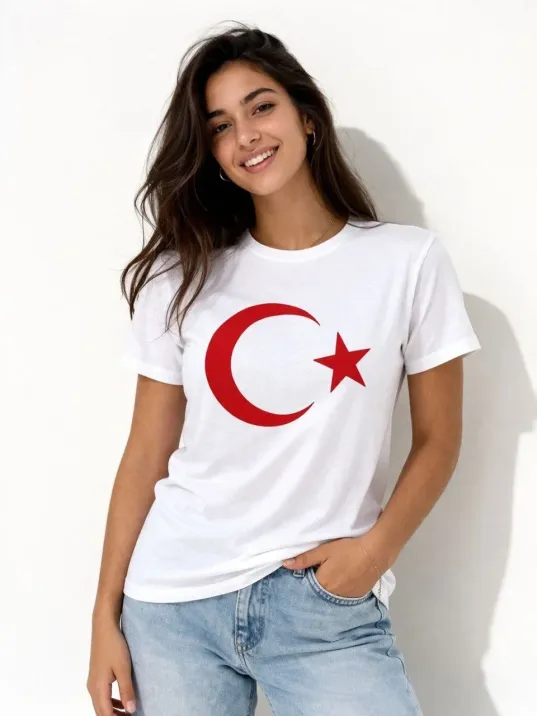 Kadın T-shirt Kısa Kol Bisiklet Yaka Ay Yıldız Bayrak Baskılı Tişört - Beyaz Kadın T-shirt Kısa Kol Bisiklet Yaka Ay Yıldız Bayrak Baskılı Tişört - Beyaz