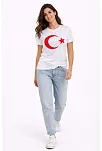 Kadın T-shirt Kısa Kol Bisiklet Yaka Ay Yıldız Bayrak Baskılı Tişört - Beyaz
