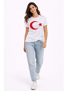 Kadın T-shirt Kısa Kol Bisiklet Yaka Ay Yıldız Bayrak Baskılı Tişört - Beyaz
