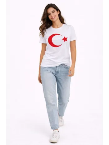 Kadın T-shirt Kısa Kol Bisiklet Yaka Ay Yıldız Bayrak Baskılı Tişört - Beyaz Kadın T-shirt Kısa Kol Bisiklet Yaka Ay Yıldız Bayrak Baskılı Tişört - Beyaz