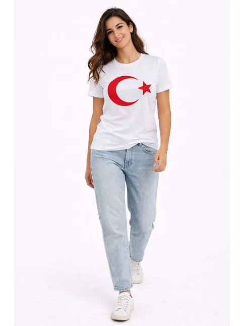 Kadın T-shirt Kısa Kol Bisiklet Yaka Ay Yıldız Bayrak Baskılı Tişört - Beyaz