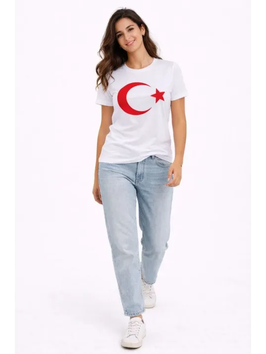 Kadın T-shirt Kısa Kol Bisiklet Yaka Ay Yıldız Bayrak Baskılı Tişört - Beyaz Kadın T-shirt Kısa Kol Bisiklet Yaka Ay Yıldız Bayrak Baskılı Tişört - Beyaz