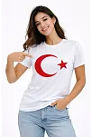 Kadın T-shirt Kısa Kol Bisiklet Yaka Ay Yıldız Bayrak Baskılı Tişört - Beyaz