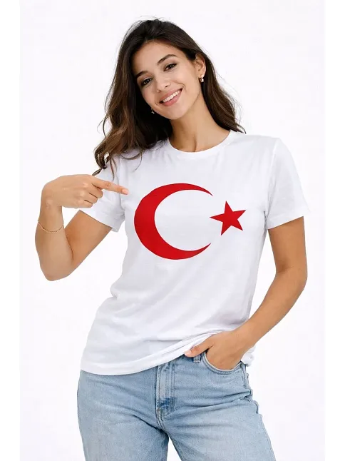 Kadın T-shirt Kısa Kol Bisiklet Yaka Ay Yıldız Bayrak Baskılı Tişört - Beyaz