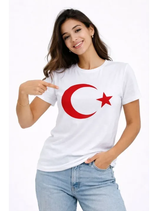 Kadın T-shirt Kısa Kol Bisiklet Yaka Ay Yıldız Bayrak Baskılı Tişört - Beyaz Kadın T-shirt Kısa Kol Bisiklet Yaka Ay Yıldız Bayrak Baskılı Tişört - Beyaz