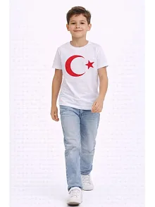 Erkek Çocuk Tişört Bisiklet Yaka Ay Yıldız Bayrak Baskılı T-shirt - Beyaz